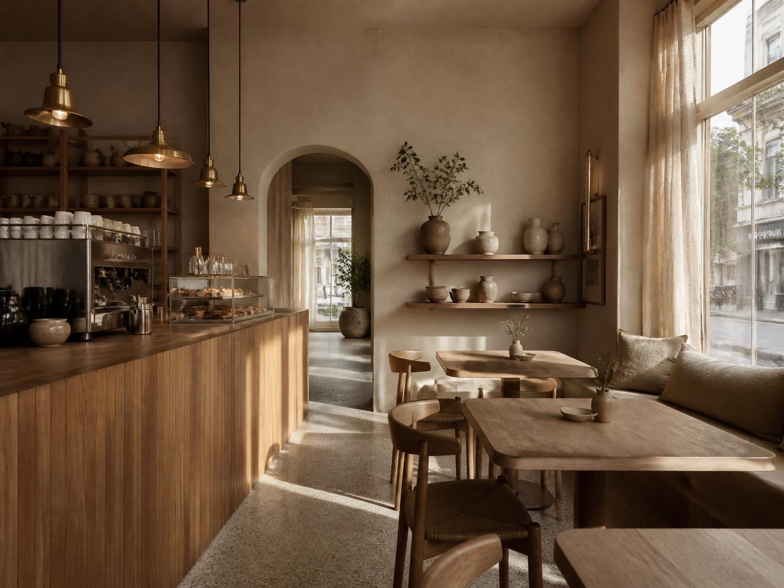 Warm oak wood café interior with morning sunlight