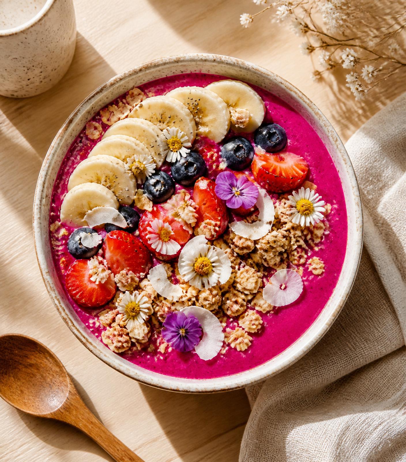 Dragon fruit smoothie bowl with berries and edible flowers